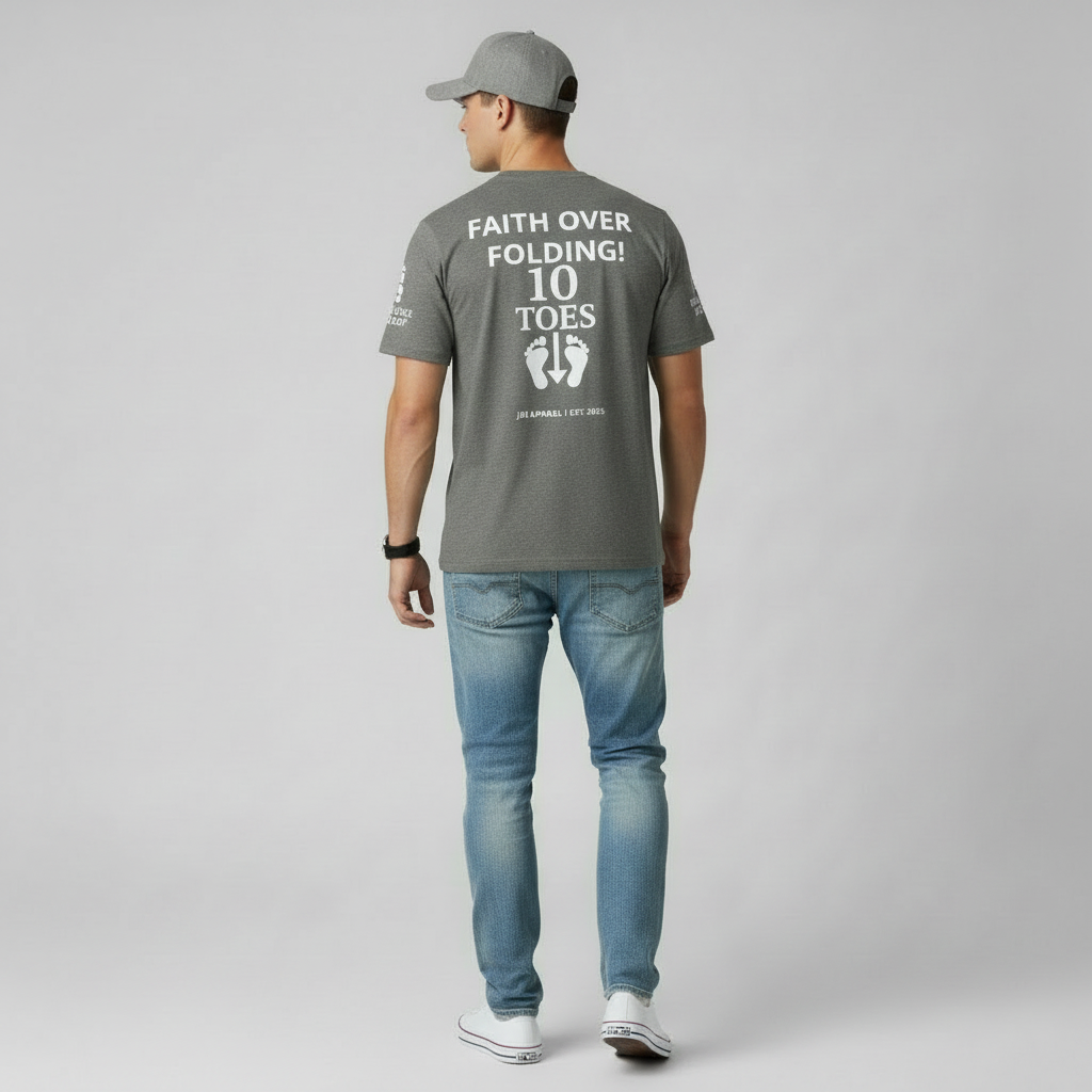 Back view of grey 10 Toes Down tee showing full white graphic design.