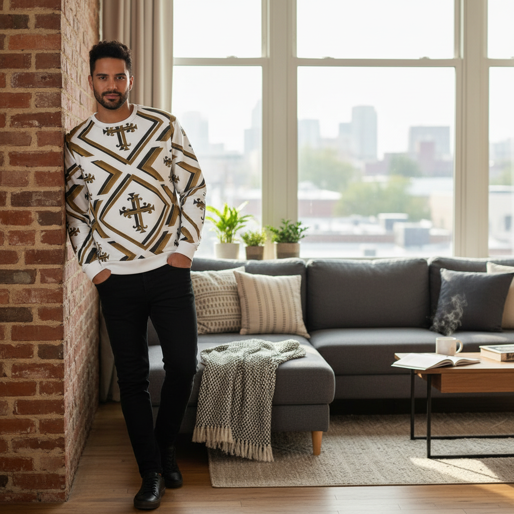 “Man wearing a white and gold all-over print Kingdom Luxe Cross Sweatshirt, standing in a studio setting with front, side, and back angles, plus a lifestyle photo in a modern living room.”
