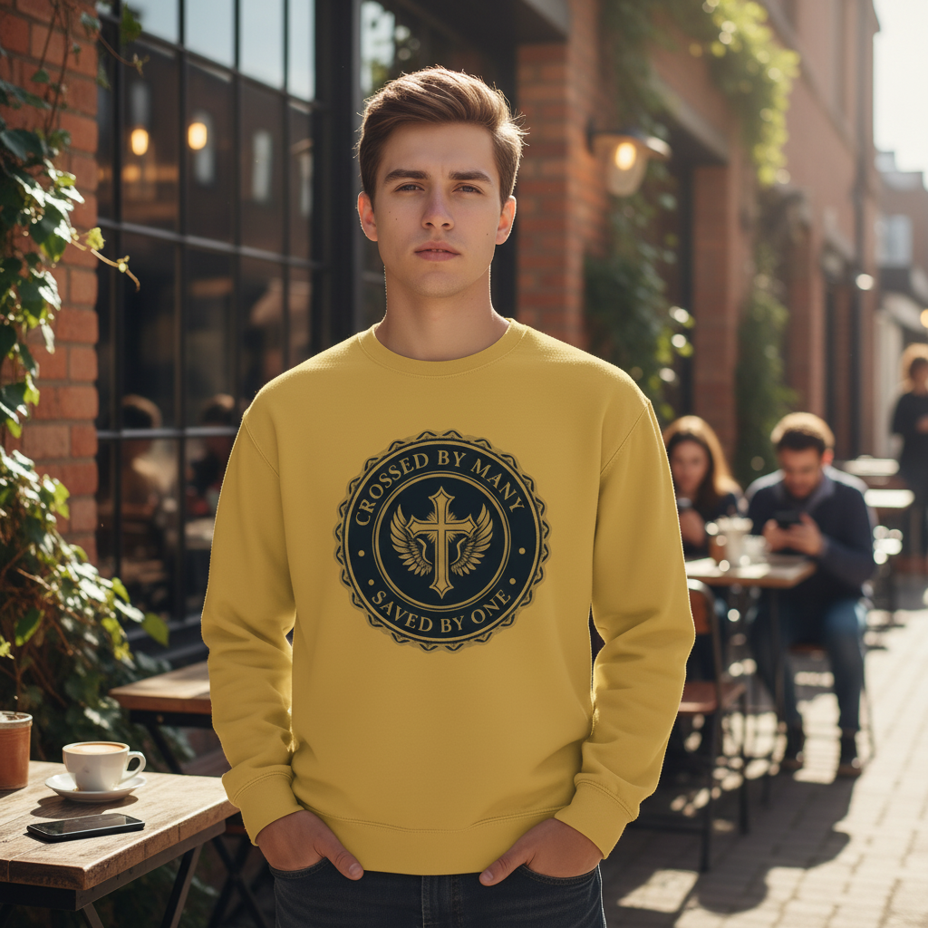 Man wearing a yellow ‘Crossed By Many, Saved By One’ crewneck sweatshirt with a navy and gold cross emblem, standing against a neutral gray background.”