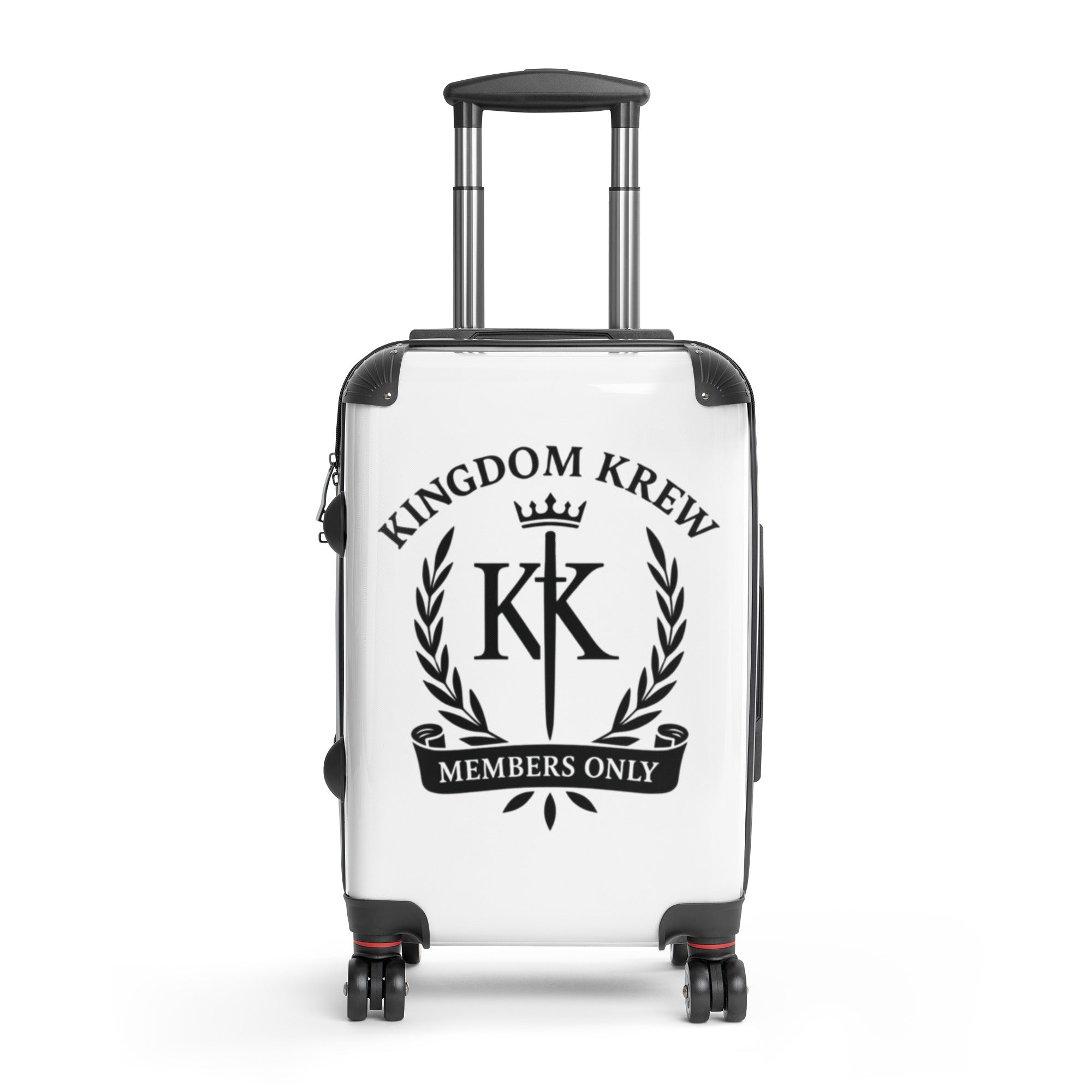 “Medium luxury suitcase in white with Kingdom Krew Members Only emblem, showcasing crown, sword, and laurel wreath logo for exclusive travel style.”