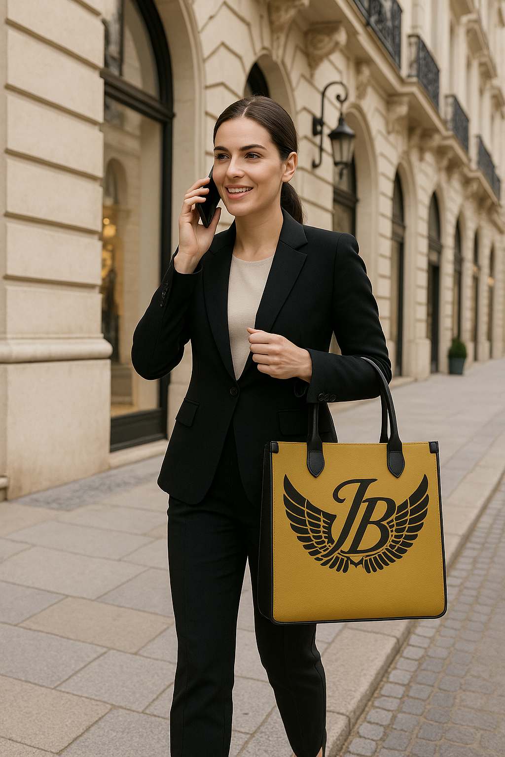 Model carrying the Mustard Shopper Bag, luxury faith-inspired accessory in mustard yellow with black accents, styled for everyday wear.