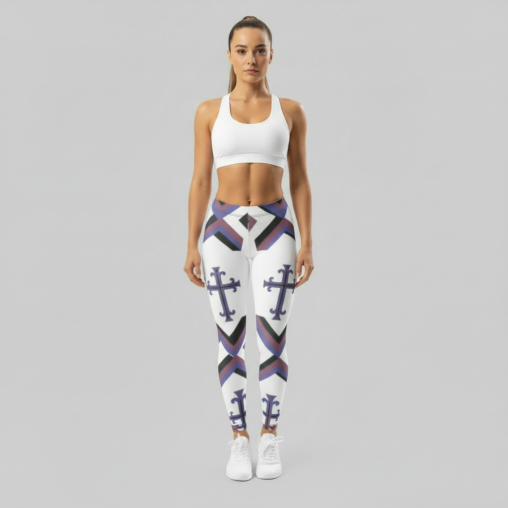 "Model wearing Kingdom Luxe Cross leggings with an all-over geometric cross print in purple, black, and white. The leggings are paired with a white sports bra, showcasing a premium, sleek fit."