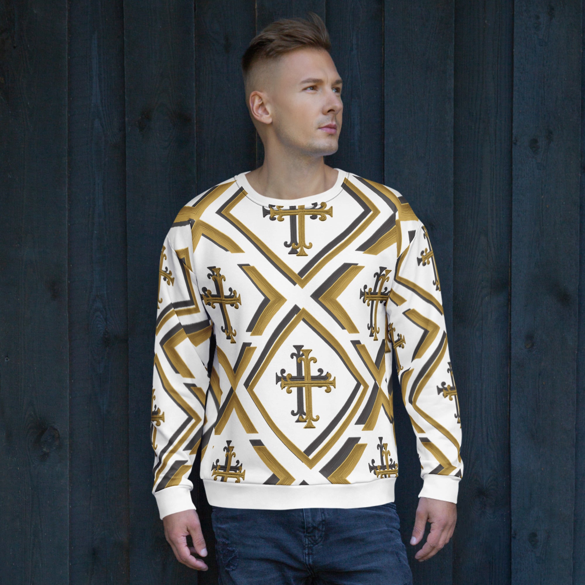 Model wearing Kingdom Luxe Sweater, front view highlighting relaxed fit, premium fabric, and clean luxury design.