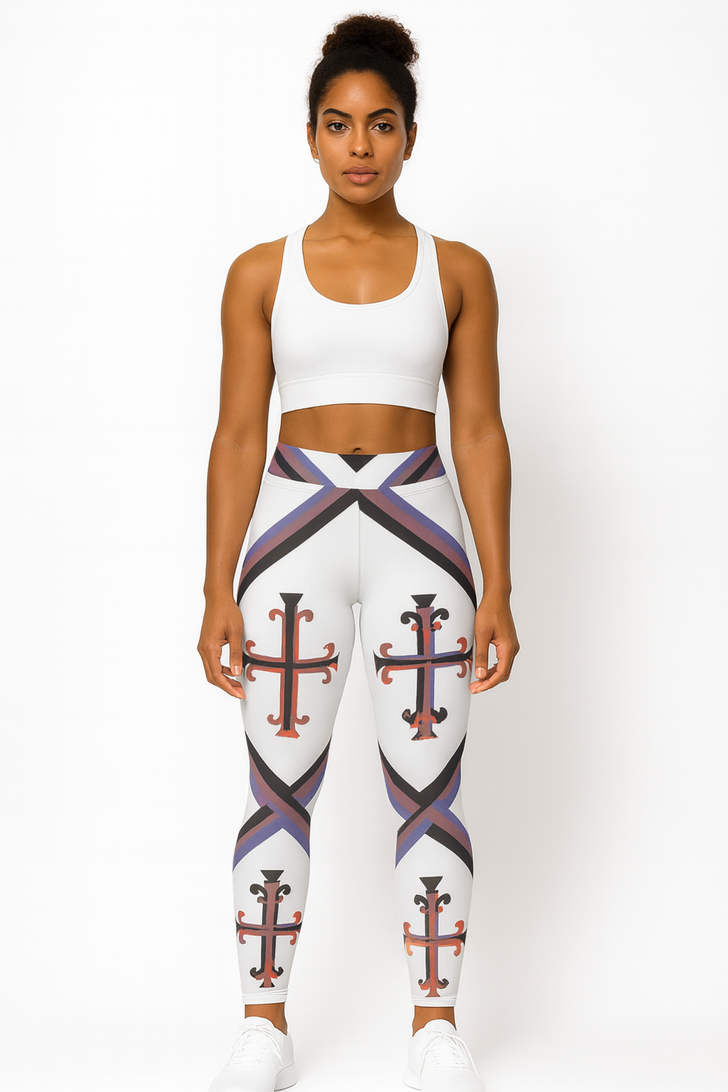 Model wearing Kingdom Luxe Tights, front view highlighting high-rise waistband, sleek fitted design, and premium stretch fabric for a luxury activewear look.