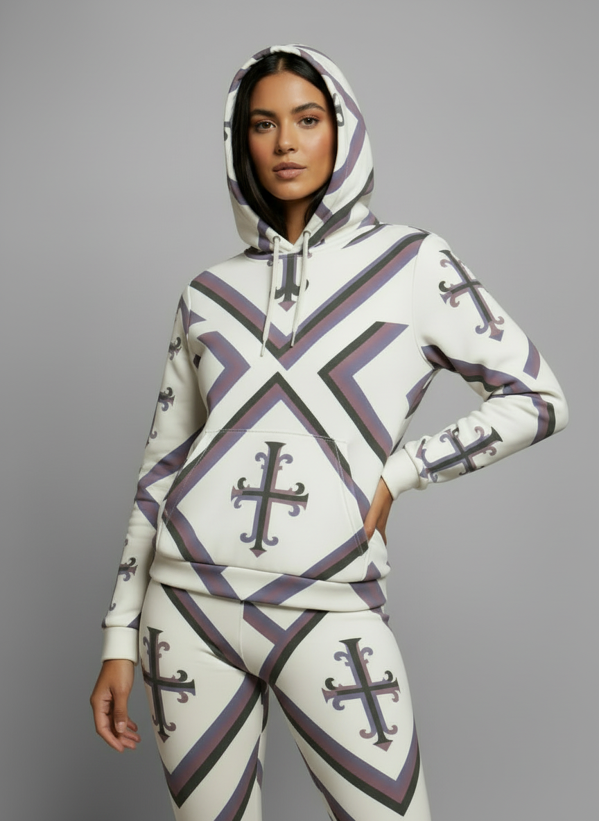 "Model wearing the Kingdom Luxe Cross Hoodie with bold black, white, and purple cross design, showcasing a relaxed, unisex fit."