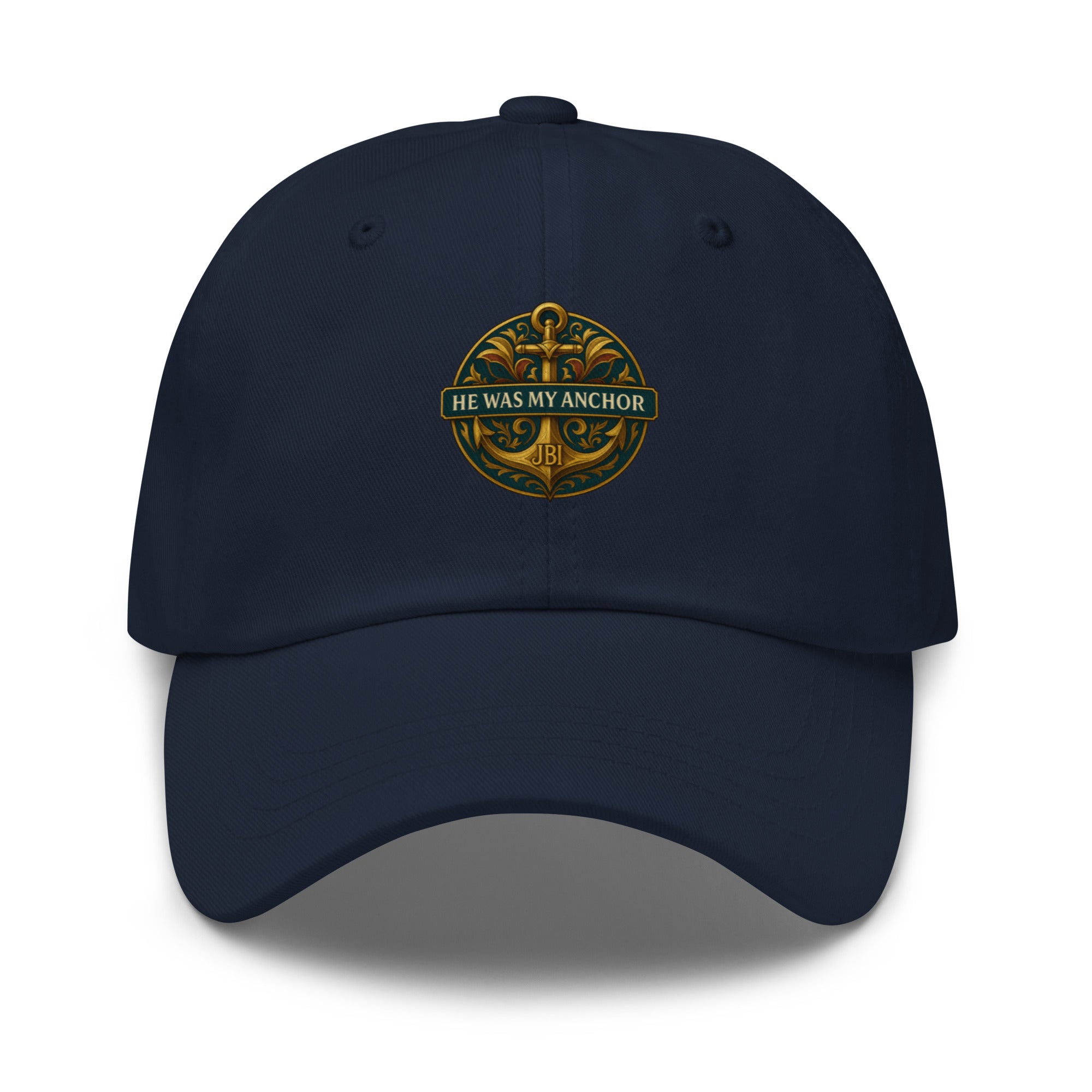 "Navy baseball cap with a gold He Was My Anchor emblem on the front."