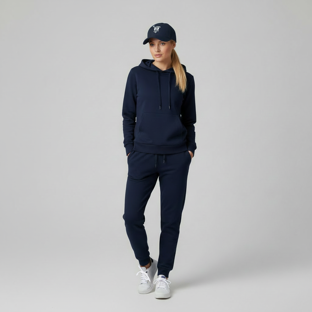 Model wearing navy 10 Toes Down dad hat with matching tracksuit.