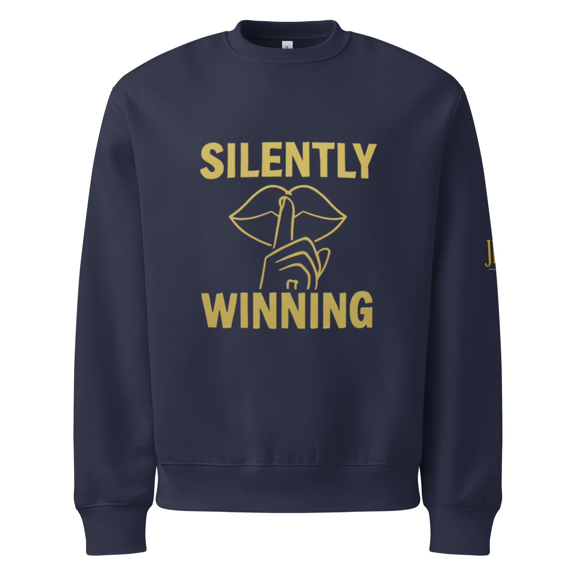Navy blue Silently Winning crewneck sweatshirt featuring gold front design. Luxury faith-driven apparel with an inspirational message.