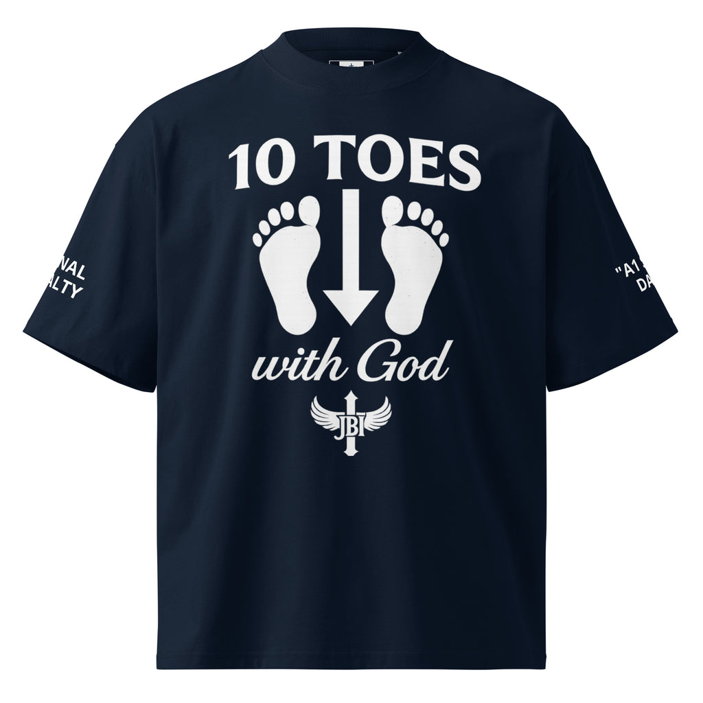 "Navy blue t-shirt with white 10 Toes Down with God emblem featuring two feet and the words '10 Toes with God' above and below the feet."