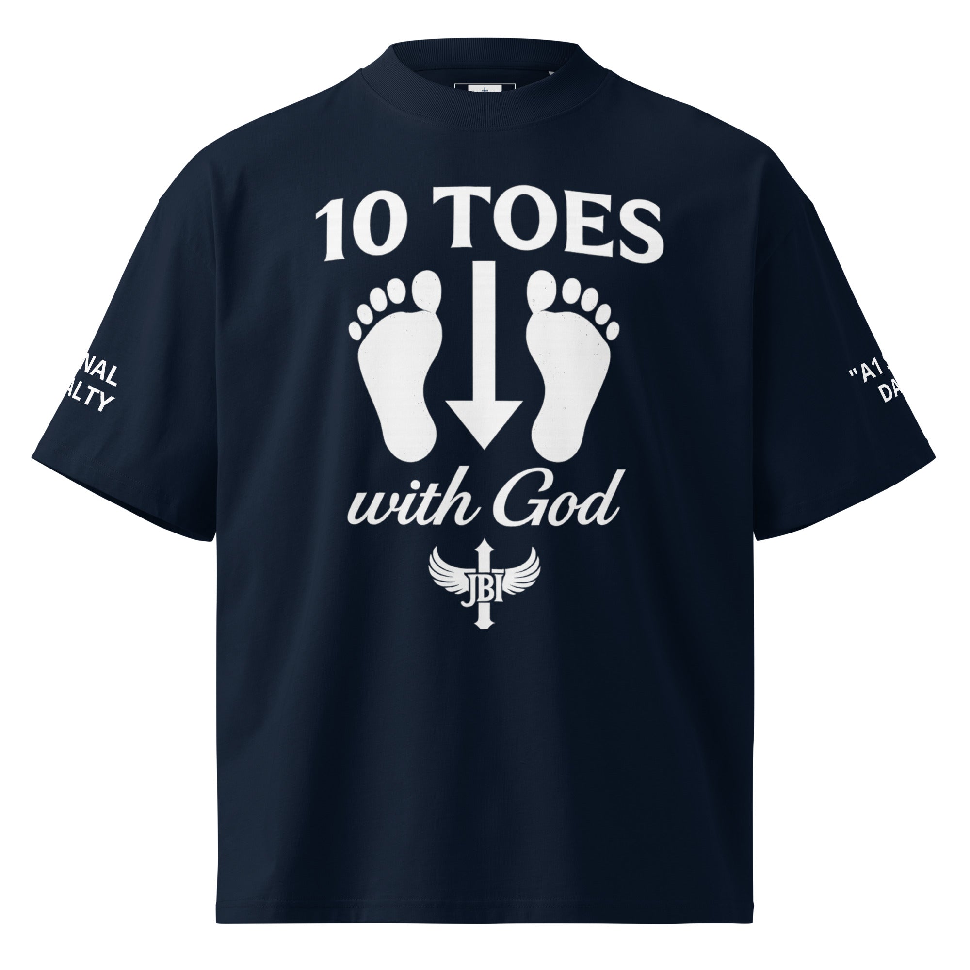 "Navy blue t-shirt with white 10 Toes Down with God emblem featuring two feet and the words '10 Toes with God' above and below the feet."
