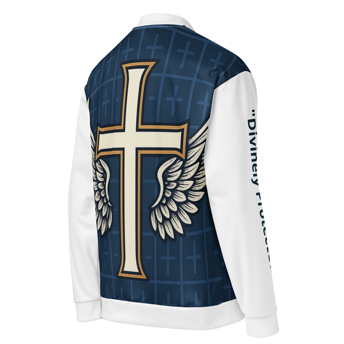 Navy, side view showing ribbed cuffs and hem