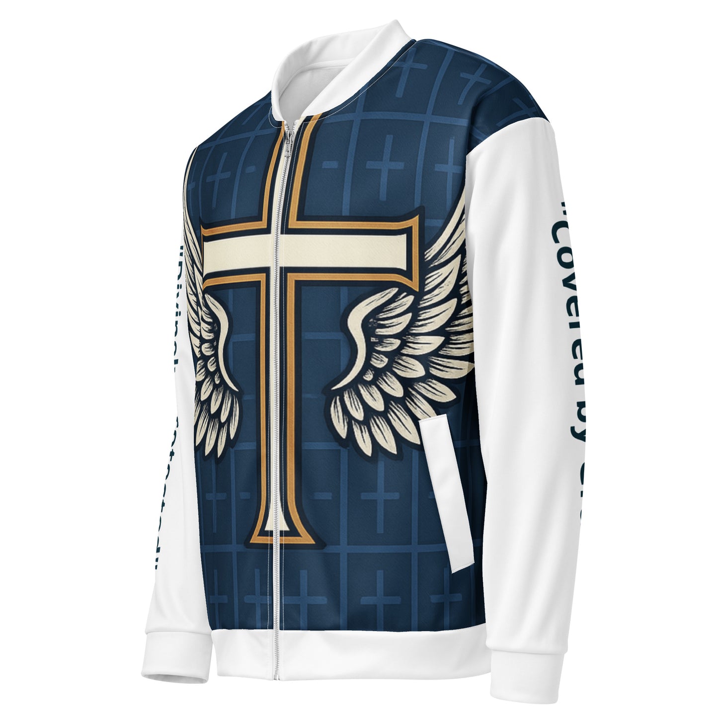 Navy, side view showing ribbed cuffs and hem and hem