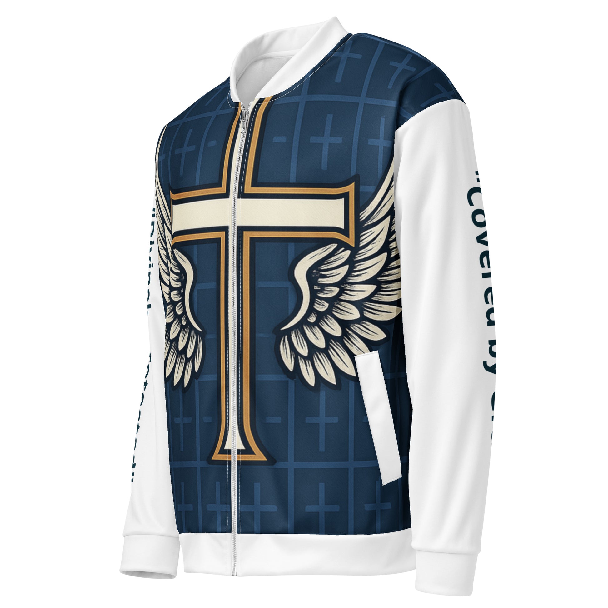 Navy, side view showing ribbed cuffs and hem and hem