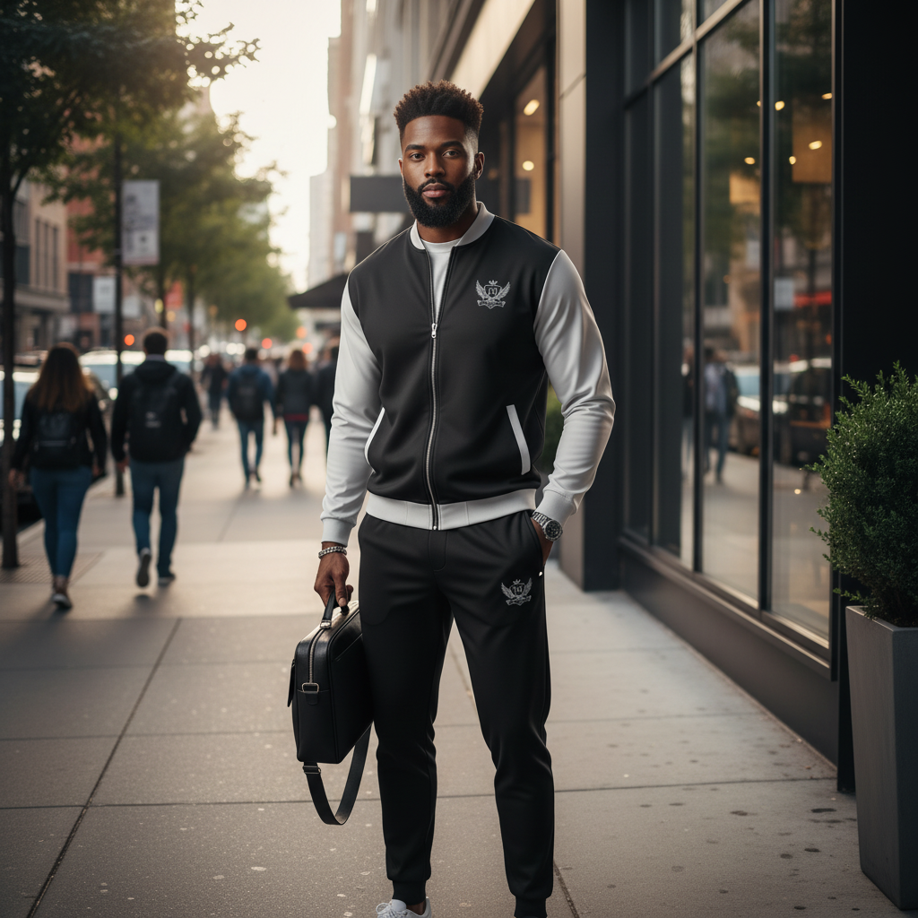 “Model wearing the JBI Wings Bomber Jacket in a modern city setting, styled with matching joggers for a clean luxury streetwear look.”