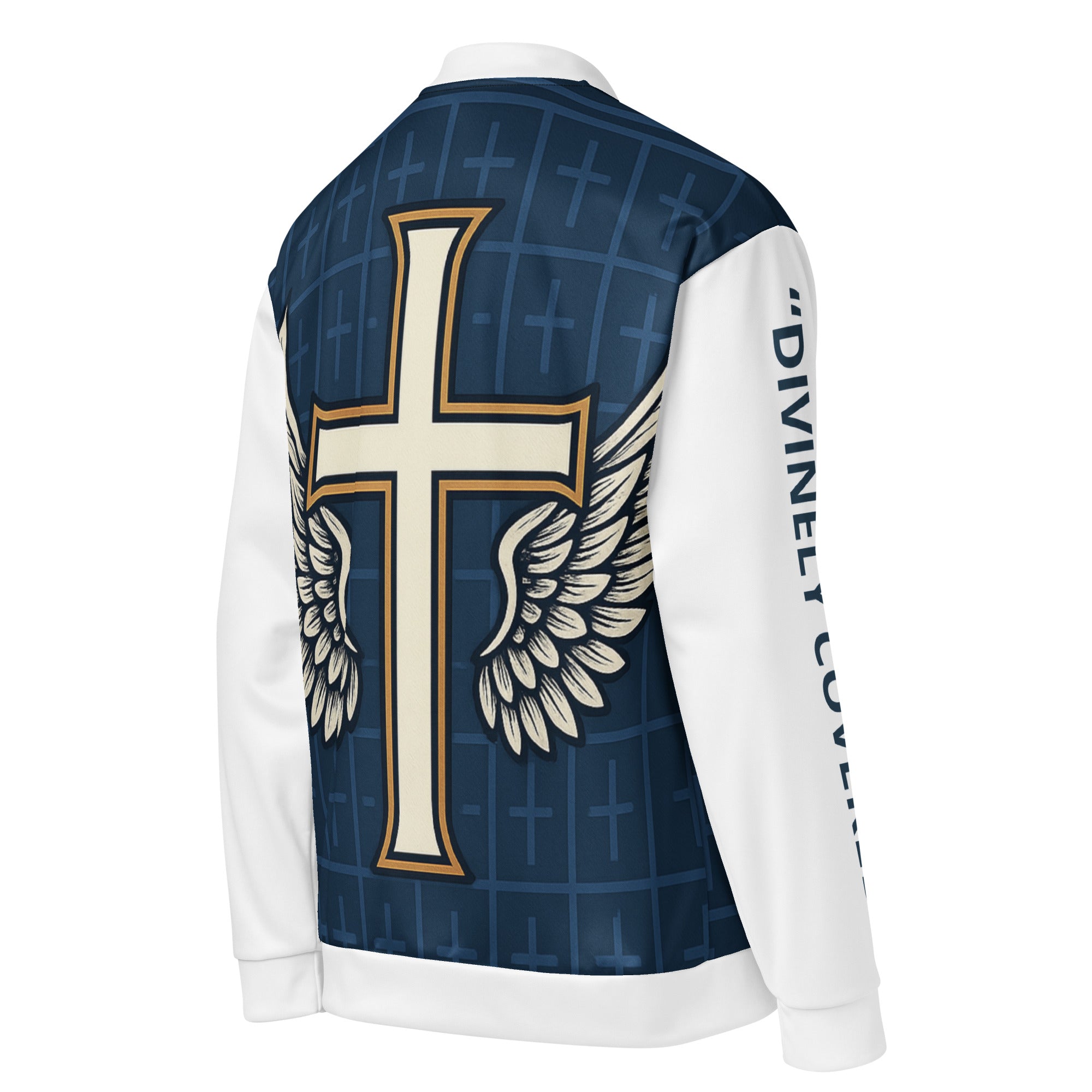 “Right side front view Luxury bomber jacket featuring a gold-outlined cross with angel wings on a navy background, white sleeves with ‘Protected by Grace’ vertical text.”