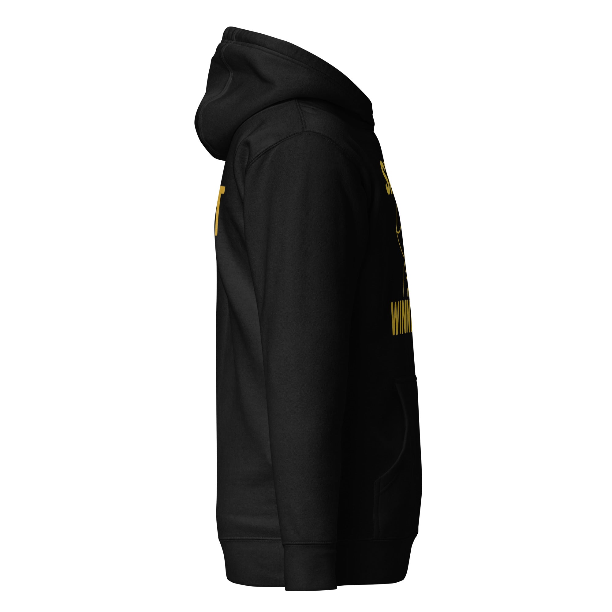 Right side view of black Silently Winning Hoodie, premium faith-based streetwear blending comfort and style., premium faith-based streetwear blending comfort and style.