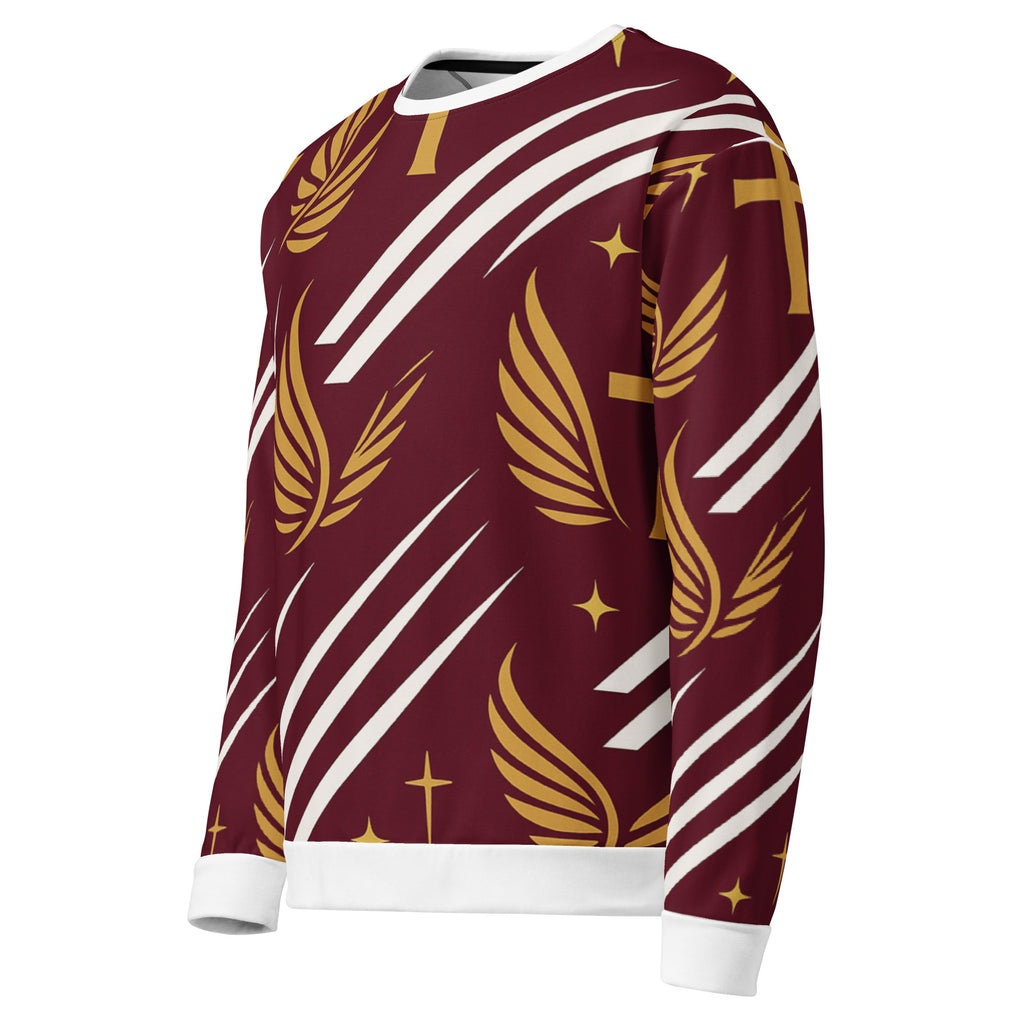 Right side view of maroon Royal Luxe Sweatshirt, unisex premium streetwear with faith-driven design and modern fit.