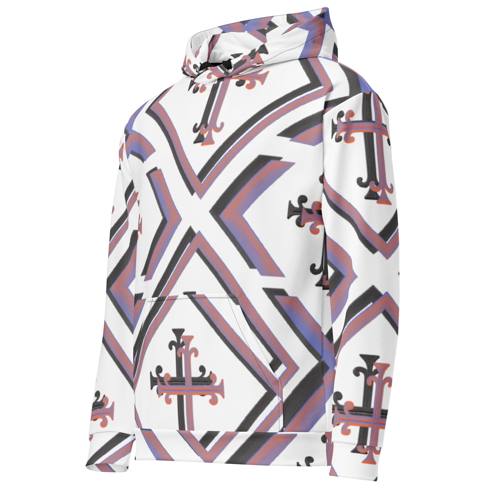 Right side view of the Kingdom Luxe Cross Hoodie showing sleeve detail with all-over cross pattern, luxury faith-based streetwear by JBI Apparel.”