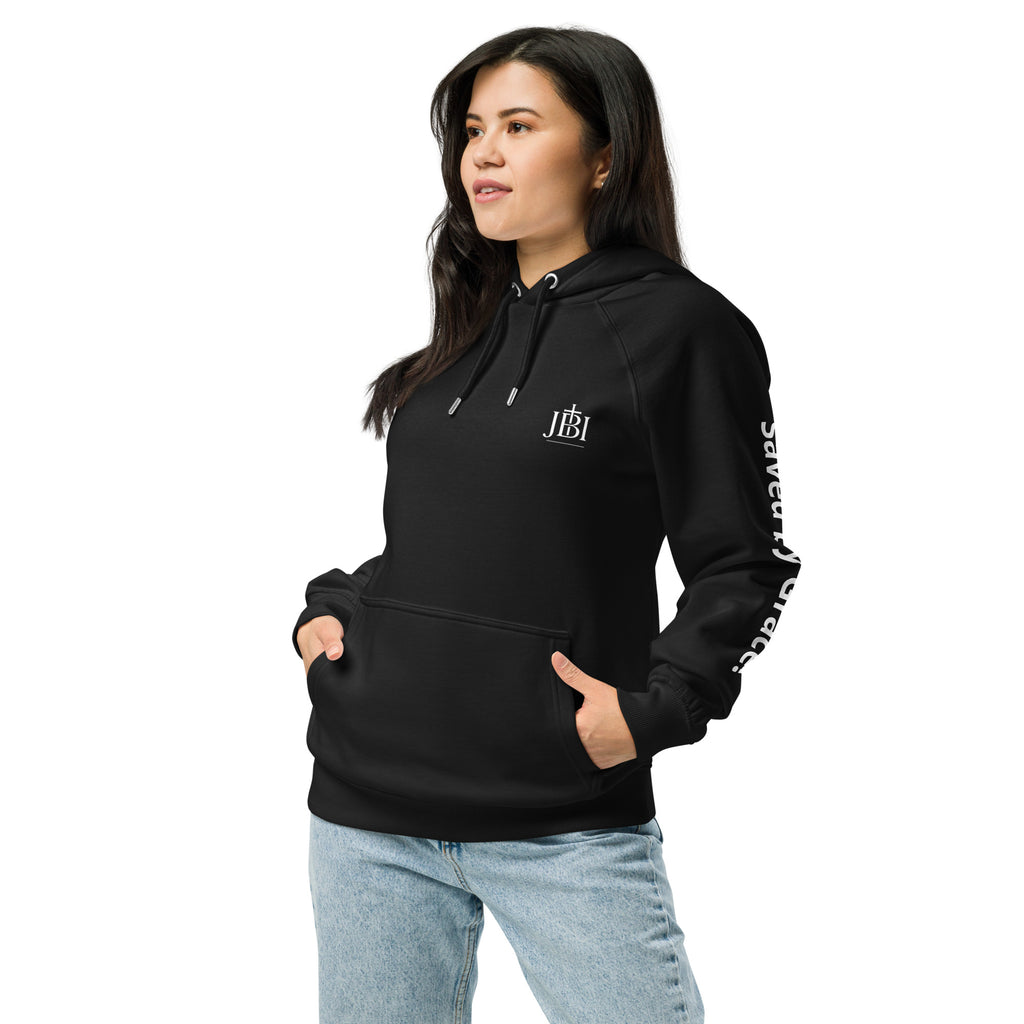 Right side view of the Survived the Shot | SAVED Cross Hoodie, luxury Christian streetwear symbolizing survival and faith.