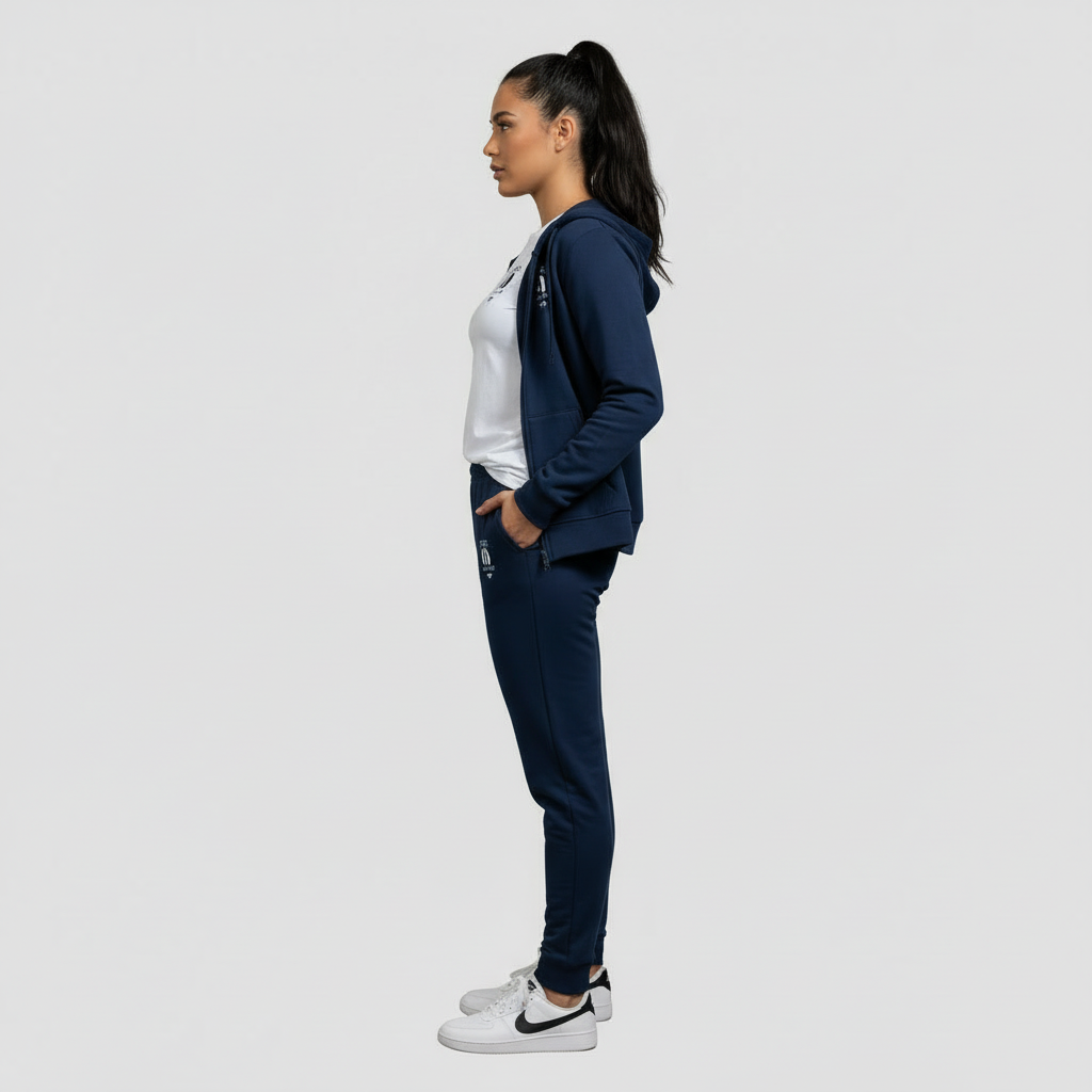 “Side view of woman wearing the 10 Toes Down jogger set in navy.”