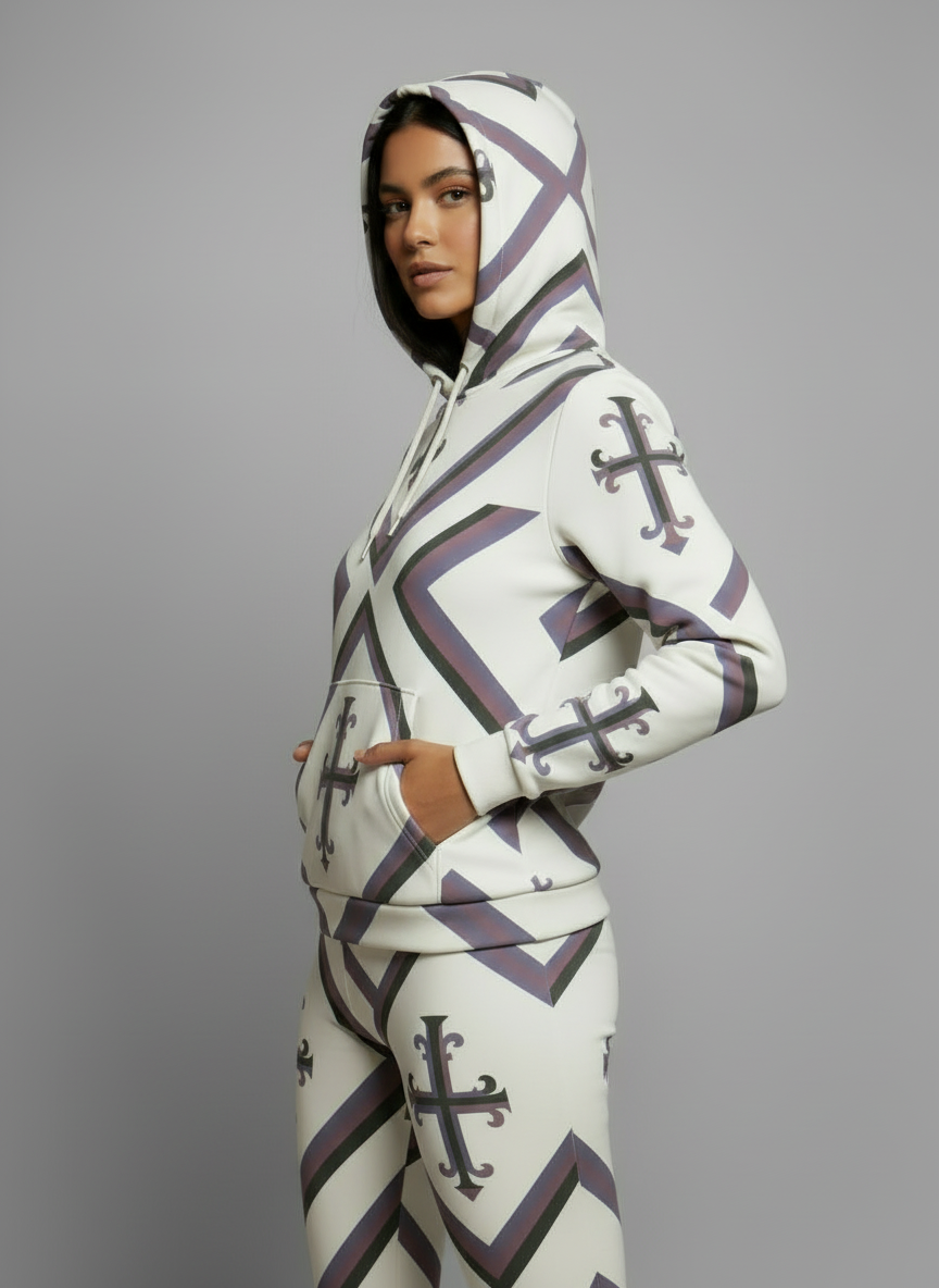 "Side profile of the Kingdom Luxe Cross Hoodie, highlighting the unique cross pattern in black, white, and purple."