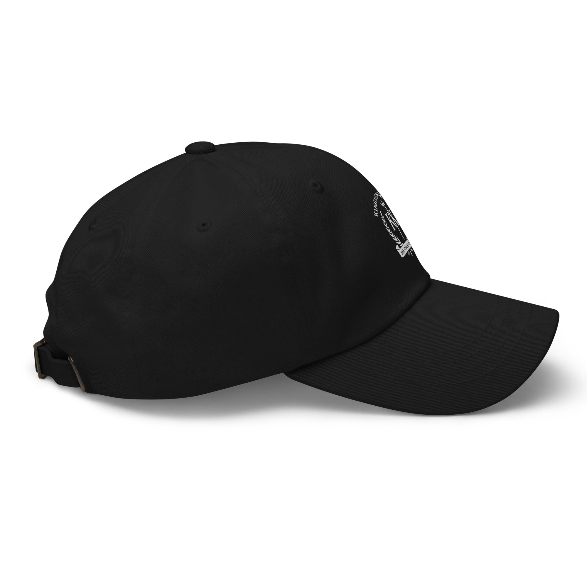 Side view Black dad hat with printed Kingdom Krew logo, curved brim, and adjustable strap"