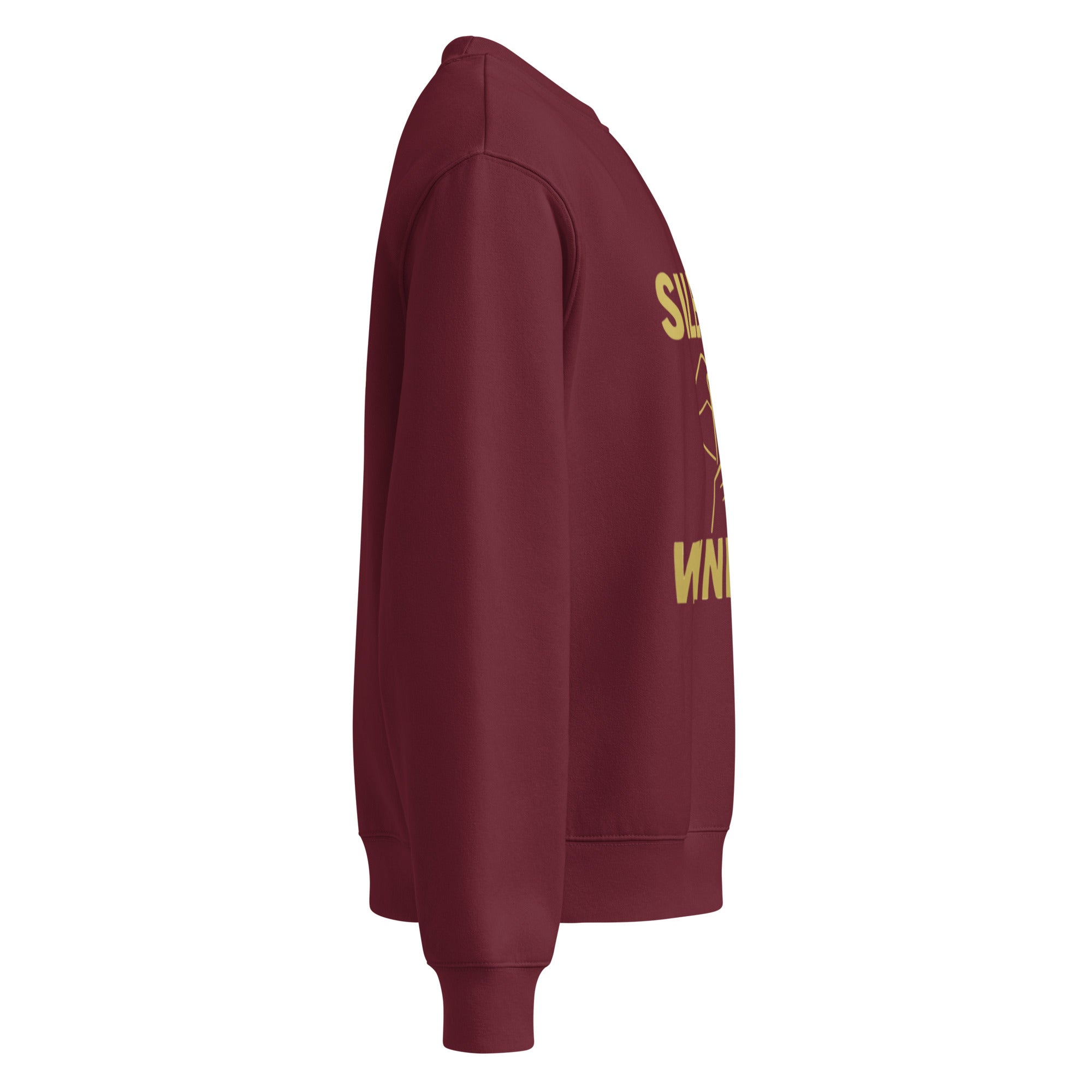 Side view of Black Silently Winning crewneck sweatshirt with gold lettering on front. Premium Christian apparel in unisex fit with luxury styling.