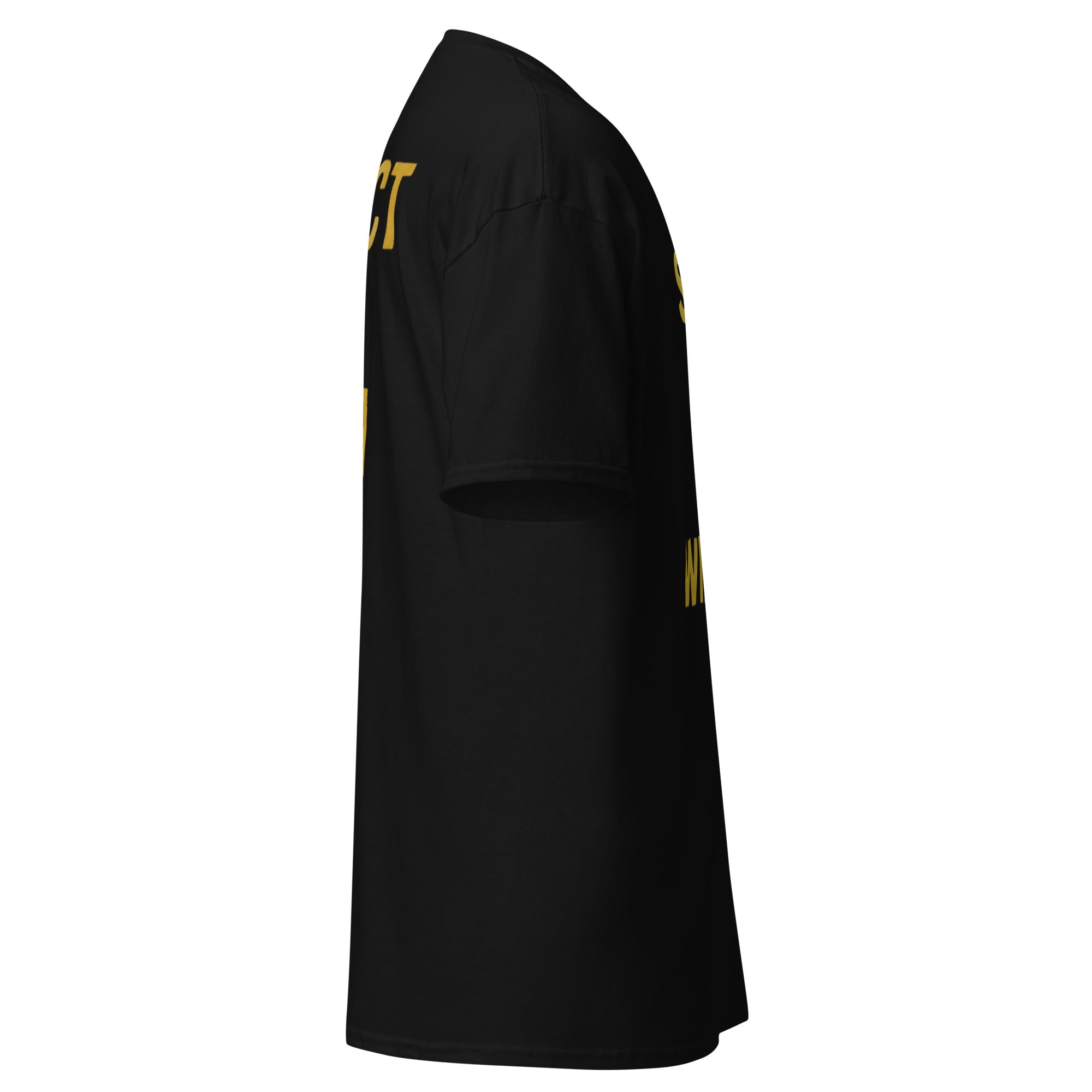 Side view of Black Silently Winning t-shirt with gold lettering visible on chest. Unisex Christian streetwear styled in luxury lifestyle fashion.