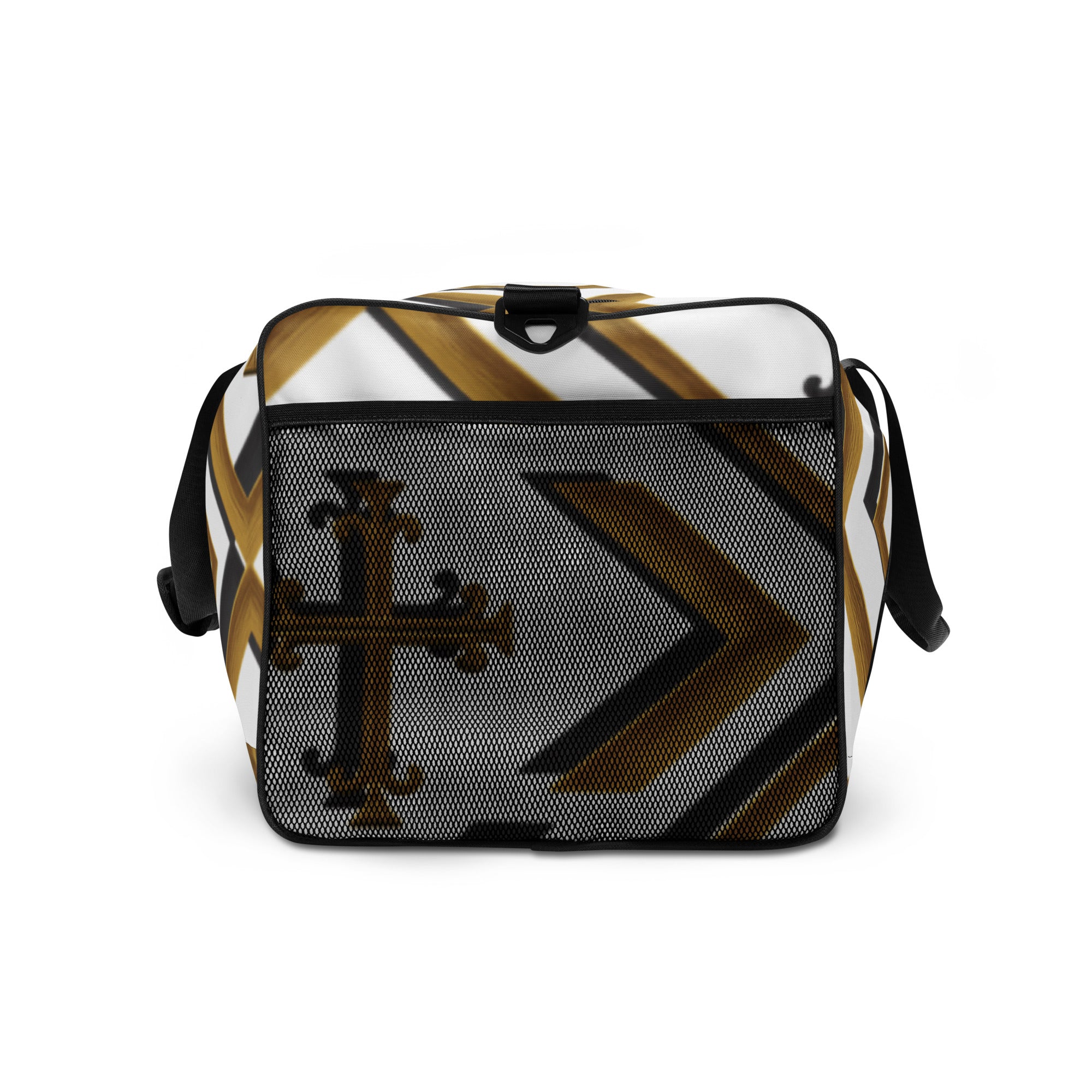 “Side view of Kingdom Luxe Cross Duffle Bag showing detailed cross pattern with black straps and mesh pocket.”
