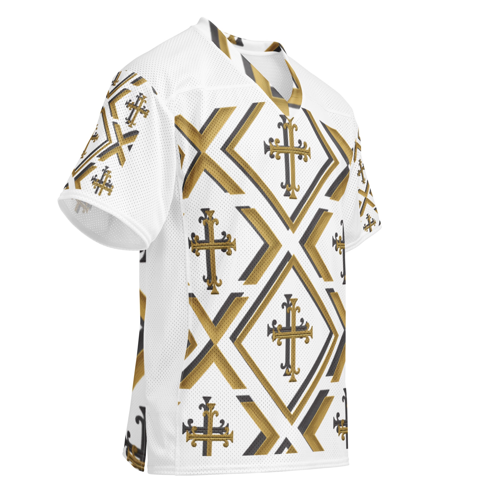 “Side view of Kingdom Luxe Cross Jersey with clean white mesh side panels and gold and black cross detailing, faith-based luxury streetwear.” with clean white mesh side panels and gold and black cross detailing, faith-based luxury streetwear.”