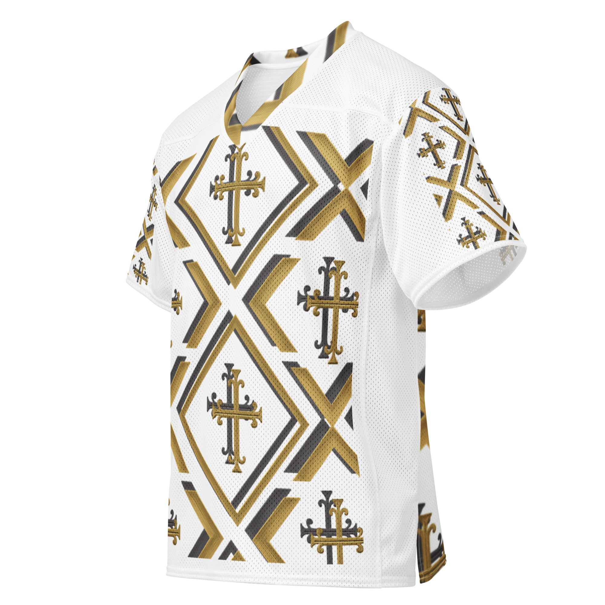 “Side view of Kingdom Luxe Cross Jersey with clean white mesh side panels and gold and black cross detailing, faith-based luxury streetwear.”