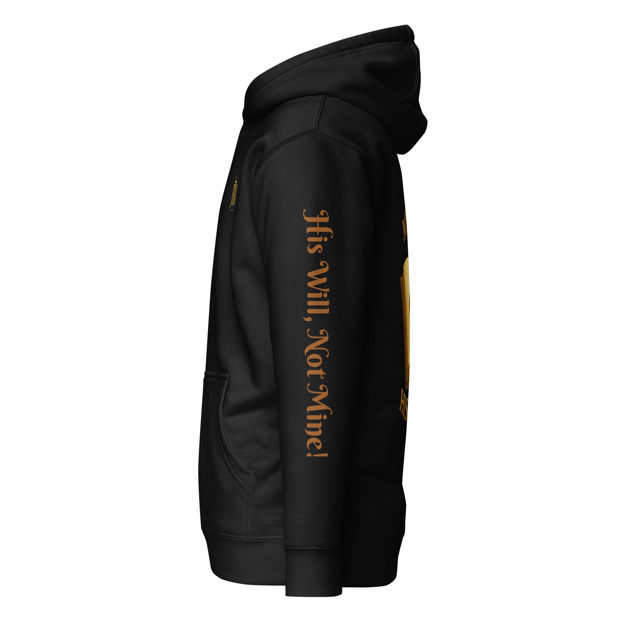“Side view of My Story His Glory black hoodie showing premium fit and inspirational Christian design showing premium fit and inspirational Christian design.”