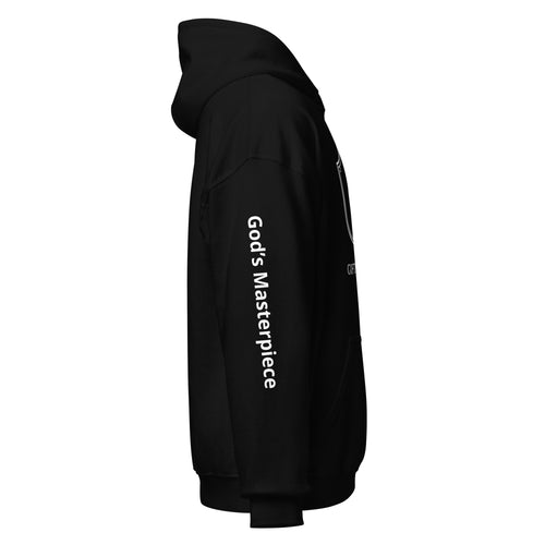 “Side view of black Gifted By God hoodie with printed JBI logo on right sleeve.”
