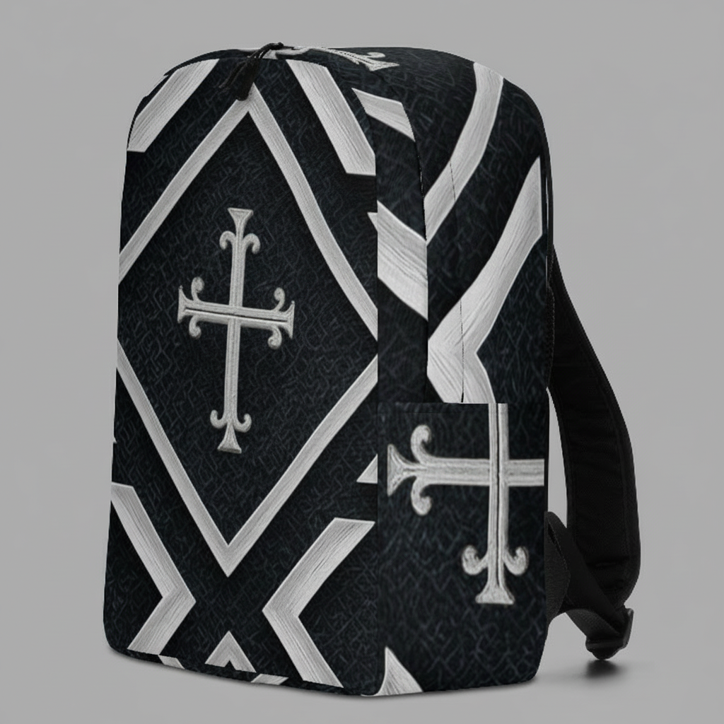 “Side view of the Kingdom Luxe cross-pattern backpack showing the geometric cross design and black trim.”