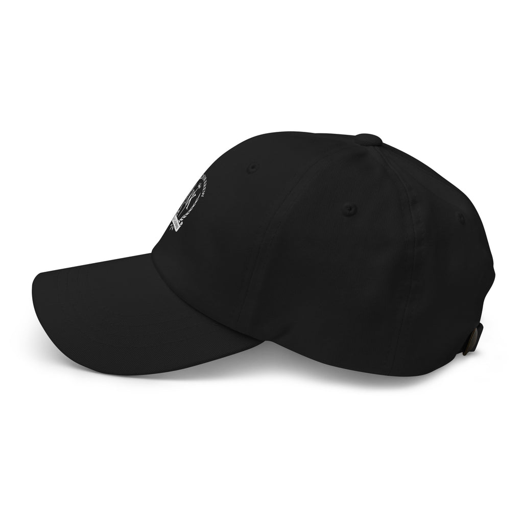 Side view Black dad hat with printed Kingdom Krew logo.