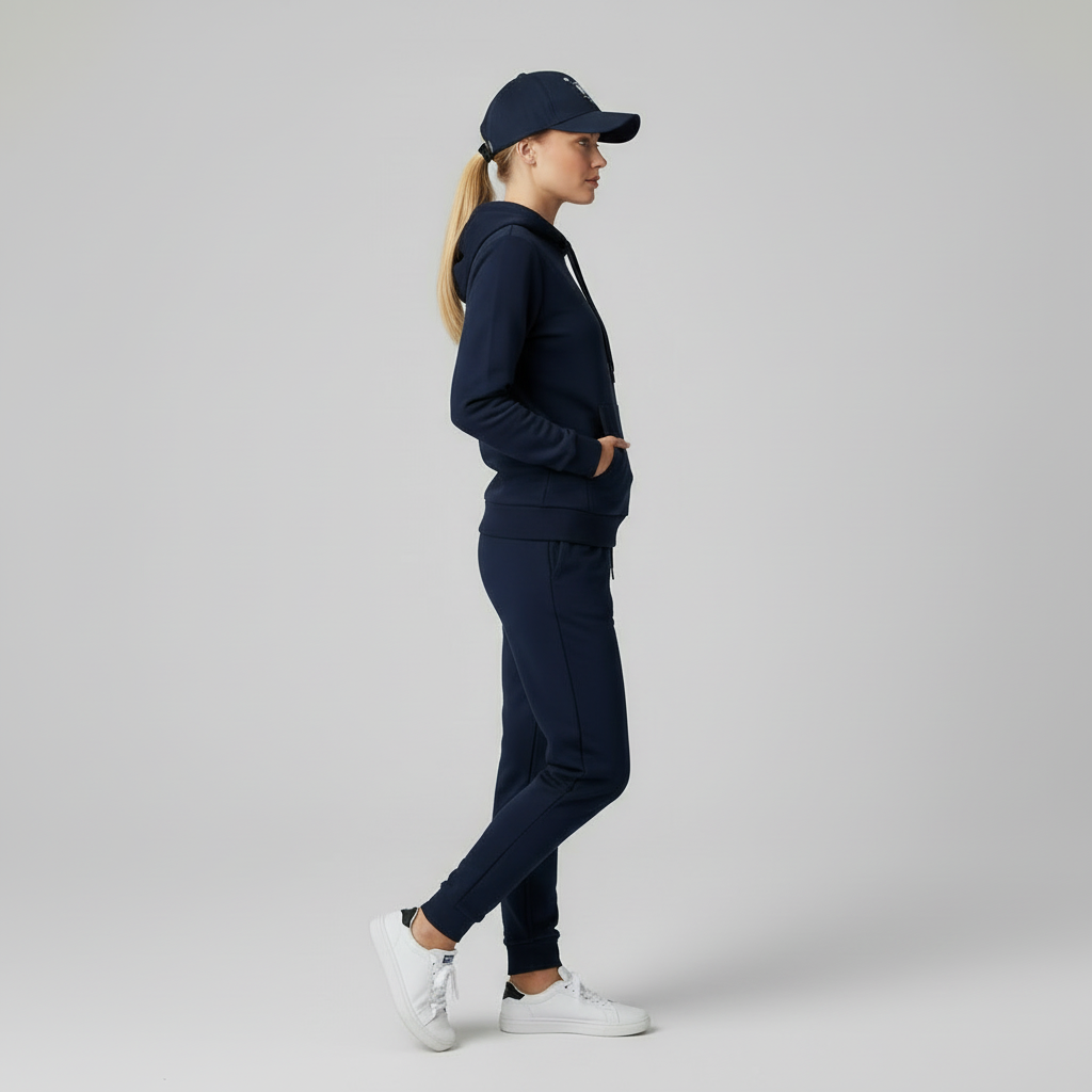Side view of model in navy 10 Toes Down dad hat.