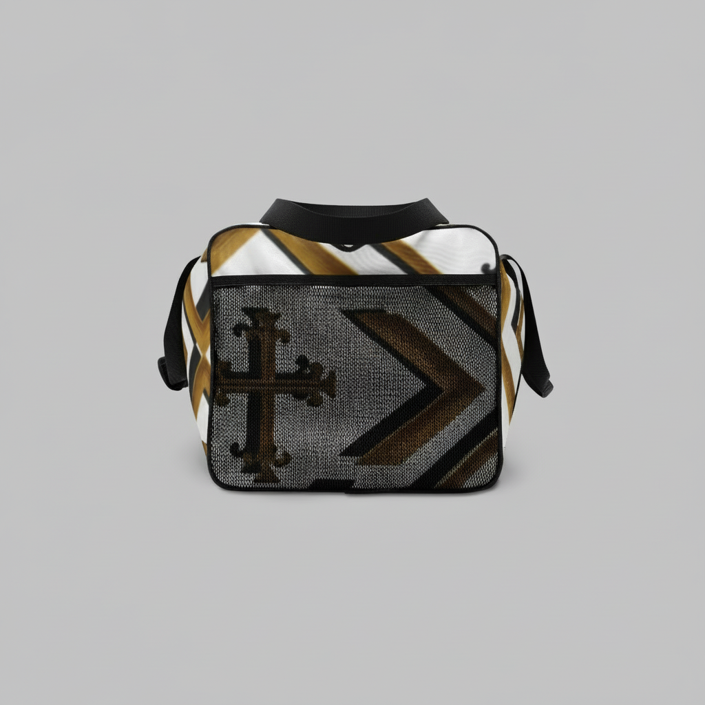 Side view of a white and gold cross-pattern duffel bag featuring a textured dark gray panel and black straps.