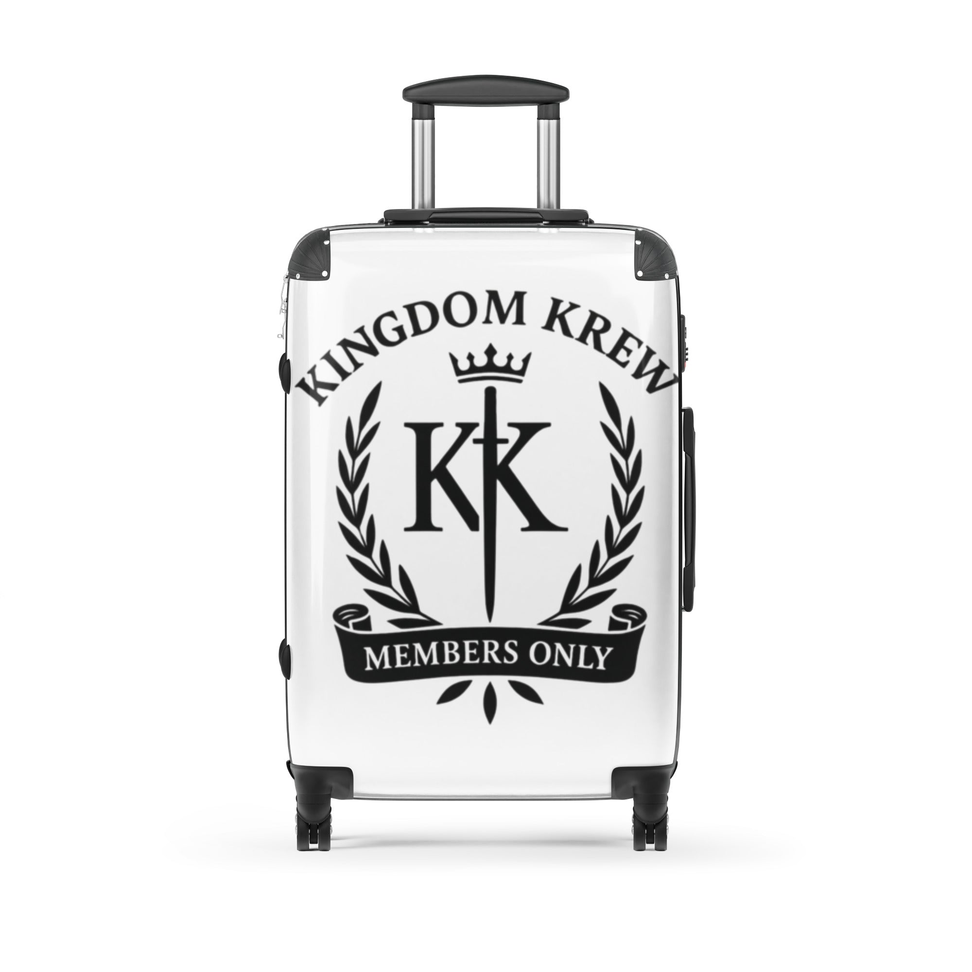 “Small white carry-on suitcase featuring the bold Kingdom Krew crest with crown, sword, and laurel wreath, Members Only design.”
