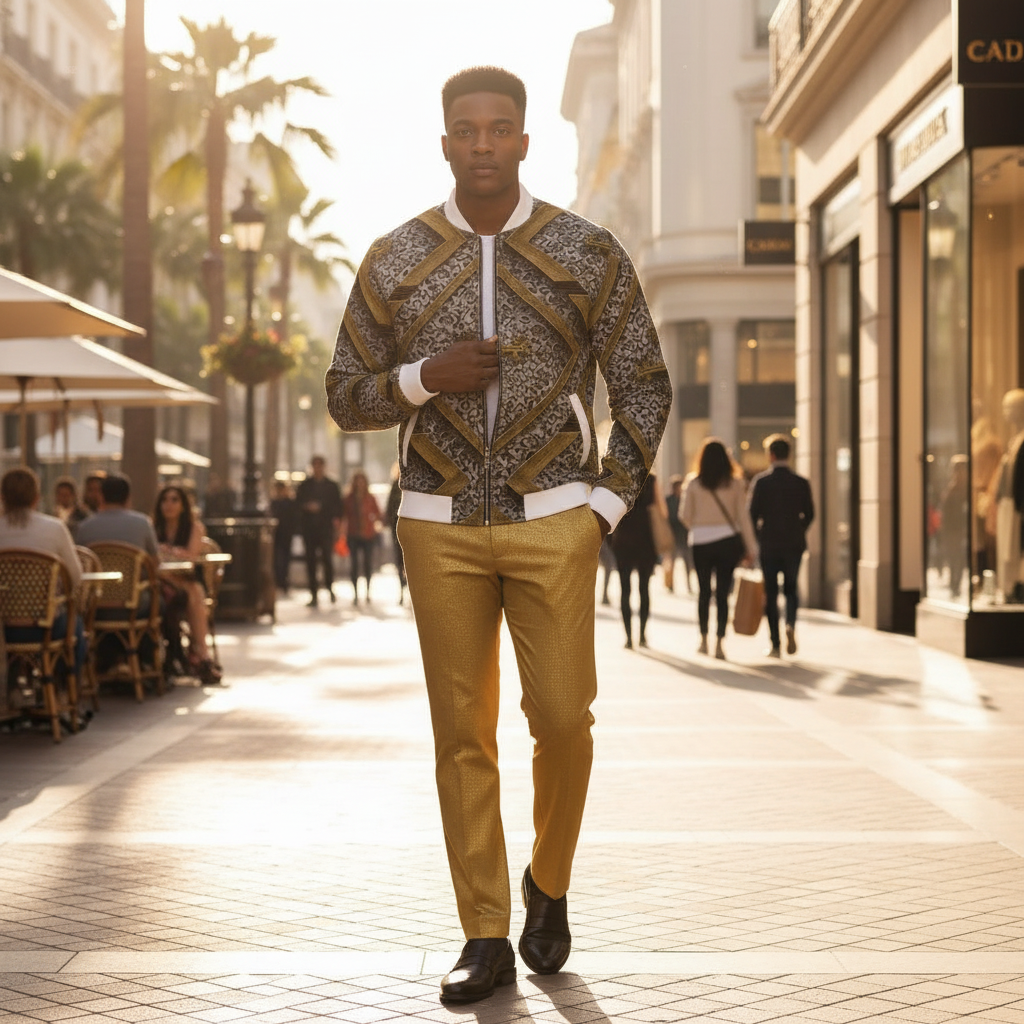 Lifestyle “Step into luxury with the Kingdom Luxe Cross Bomber Jacket — a premium gold and grey designer jacket blending bold geometric patterns with faith-driven style. Perfect for upscale streetwear and everyday confidence.”