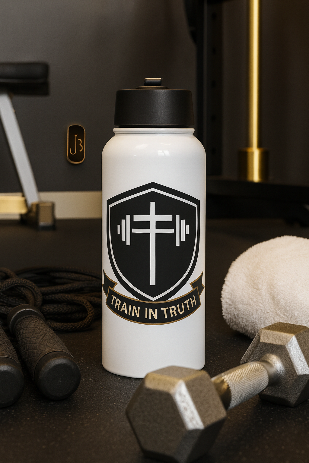 “Stainless steel JBI water bottle with black logo, faithwear lifestyle accessory”