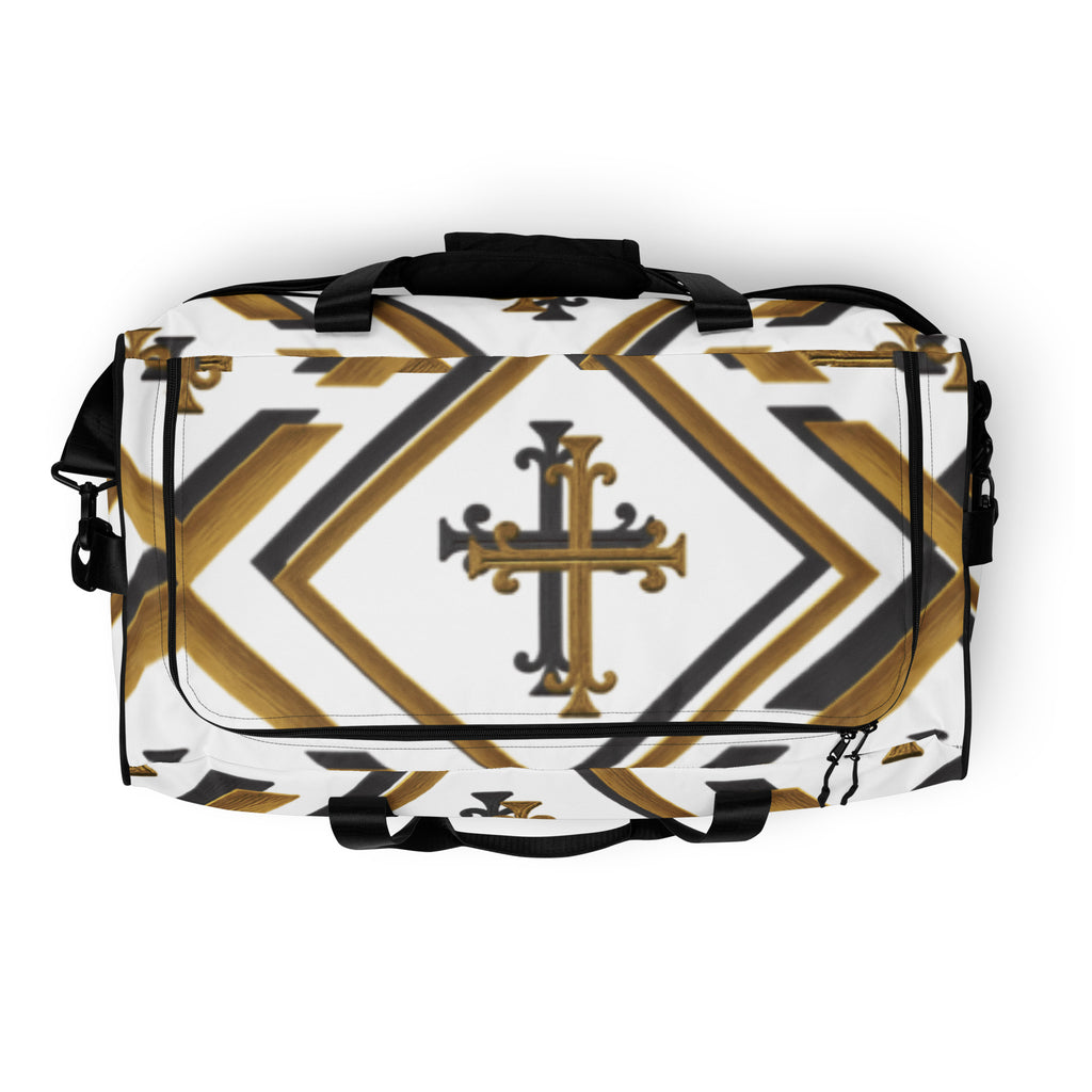 “Top view of Kingdom Luxe Cross Duffle Bag showing zipper closure and black handles with gold and black cross pattern.” showing zipper closure and black handles with gold and black cross pattern.”