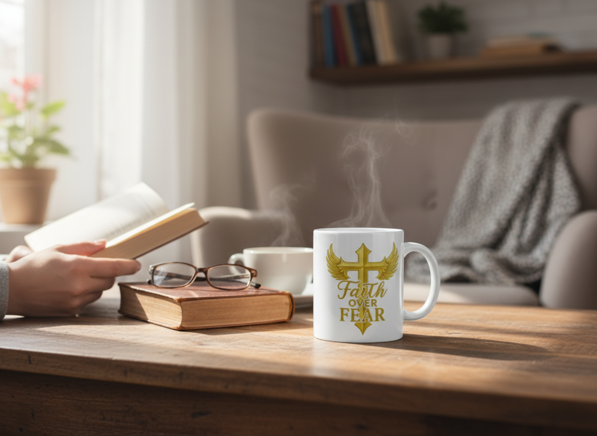 “Faith Over Fear gold-winged cross mug displayed in a cozy home setting.”