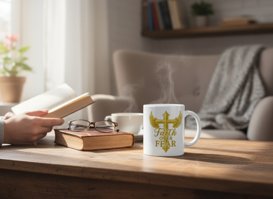 “Faith Over Fear gold-winged cross mug displayed in a cozy home setting.”