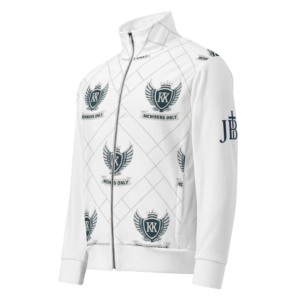 White Kingdom Krew “Members Only” jacket with winged crest print visible on the side panel, shown on model.