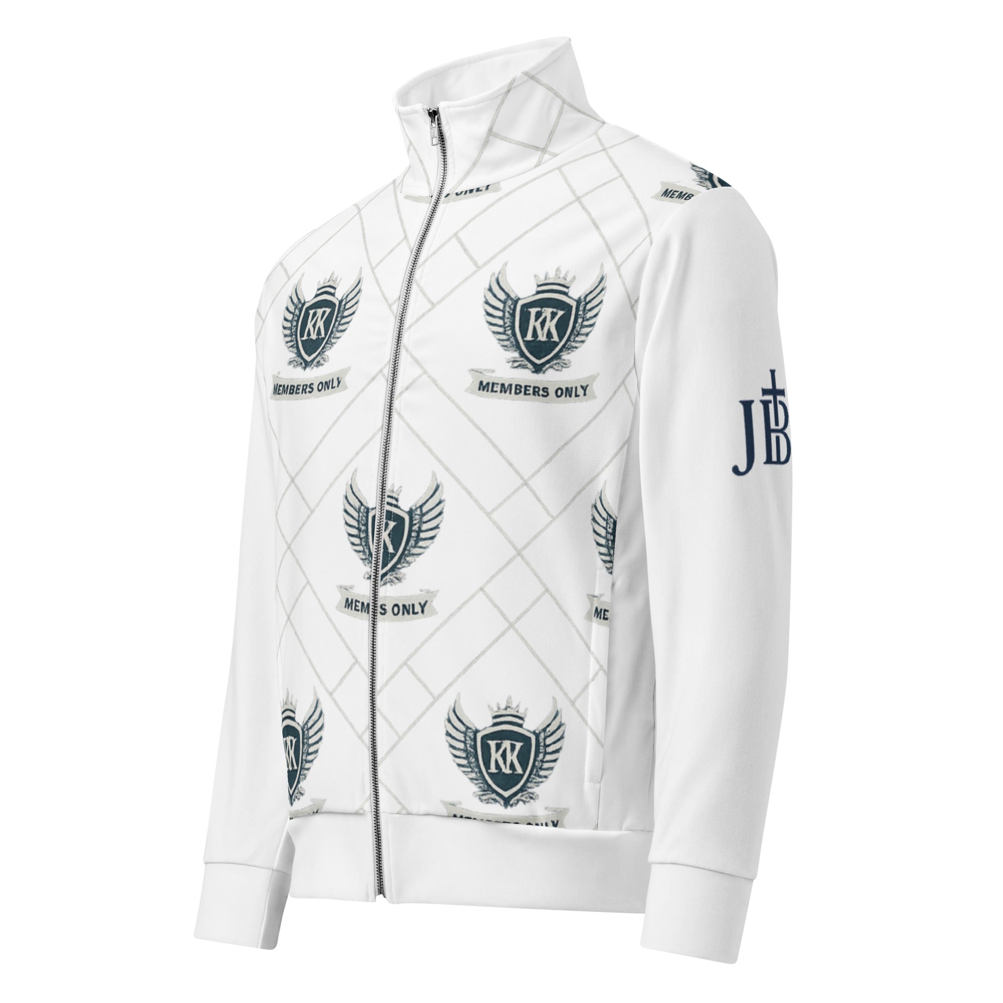 White Kingdom Krew “Members Only” jacket with winged crest print visible on the side panel, shown on model.