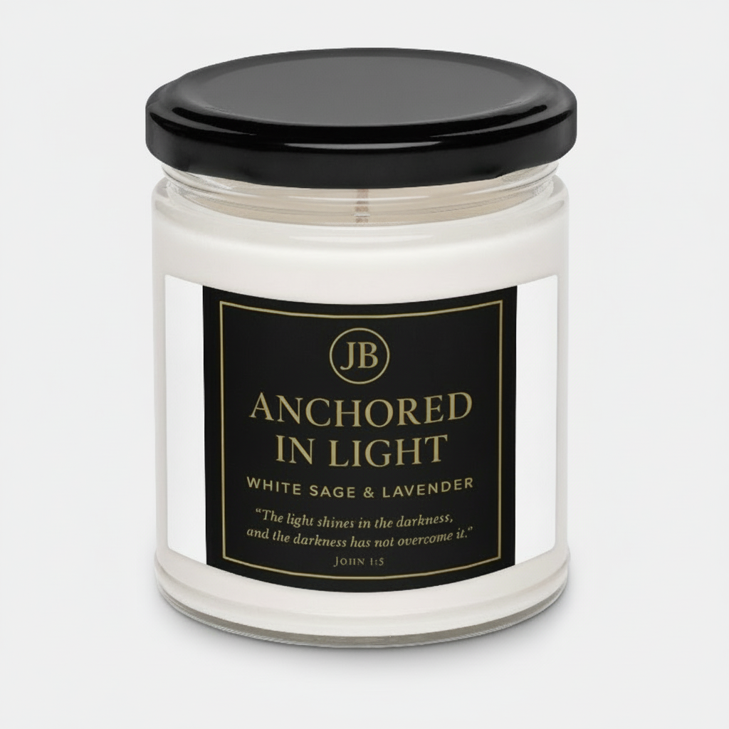 “Anchored in Light luxury candle with black and gold label, infused with white sage and lavender.”