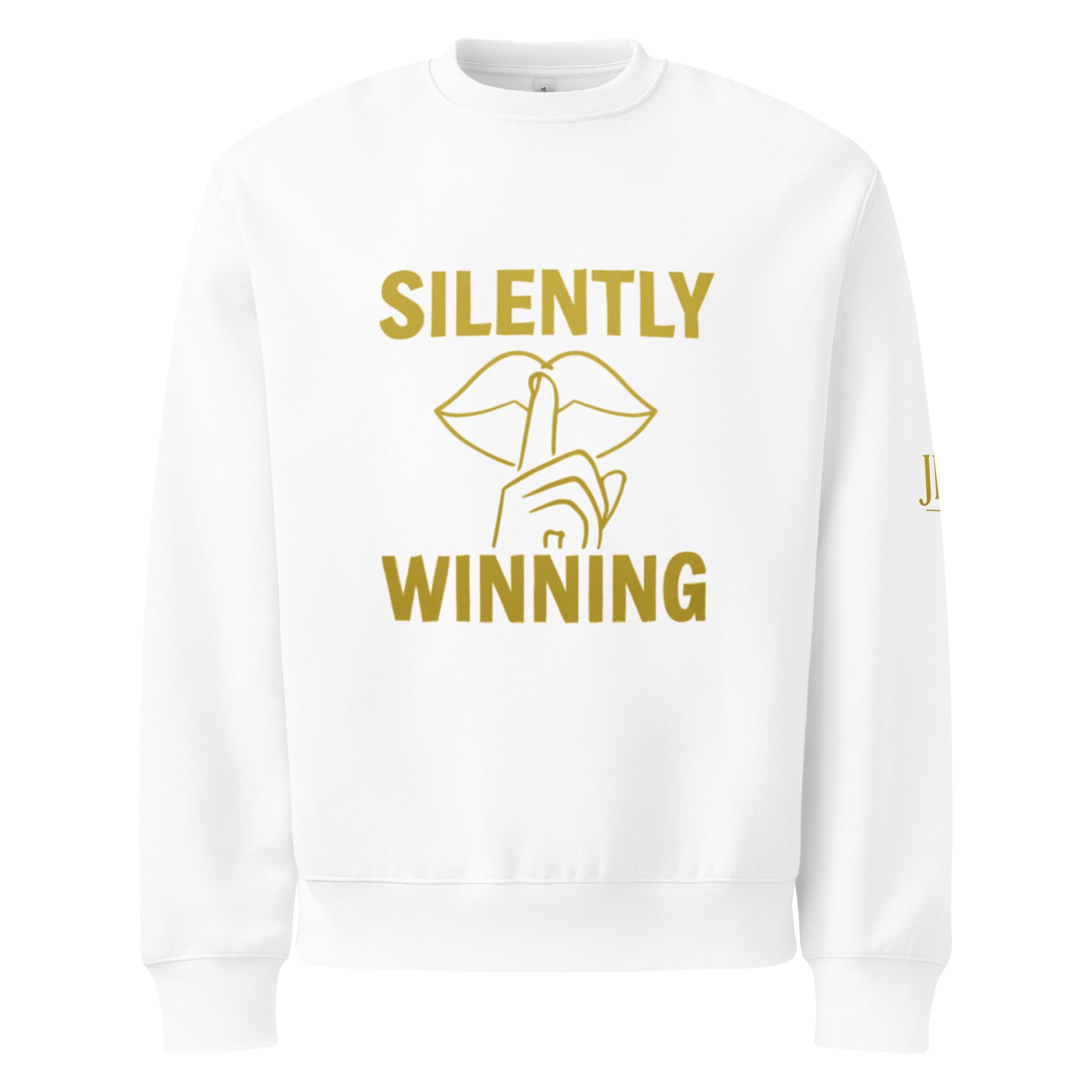 White Silently Winning crewneck sweatshirt with bold gold front text. Clean luxury Christian apparel blending style with perseverance.Clean luxury Christian apparel blending style with perseverance.