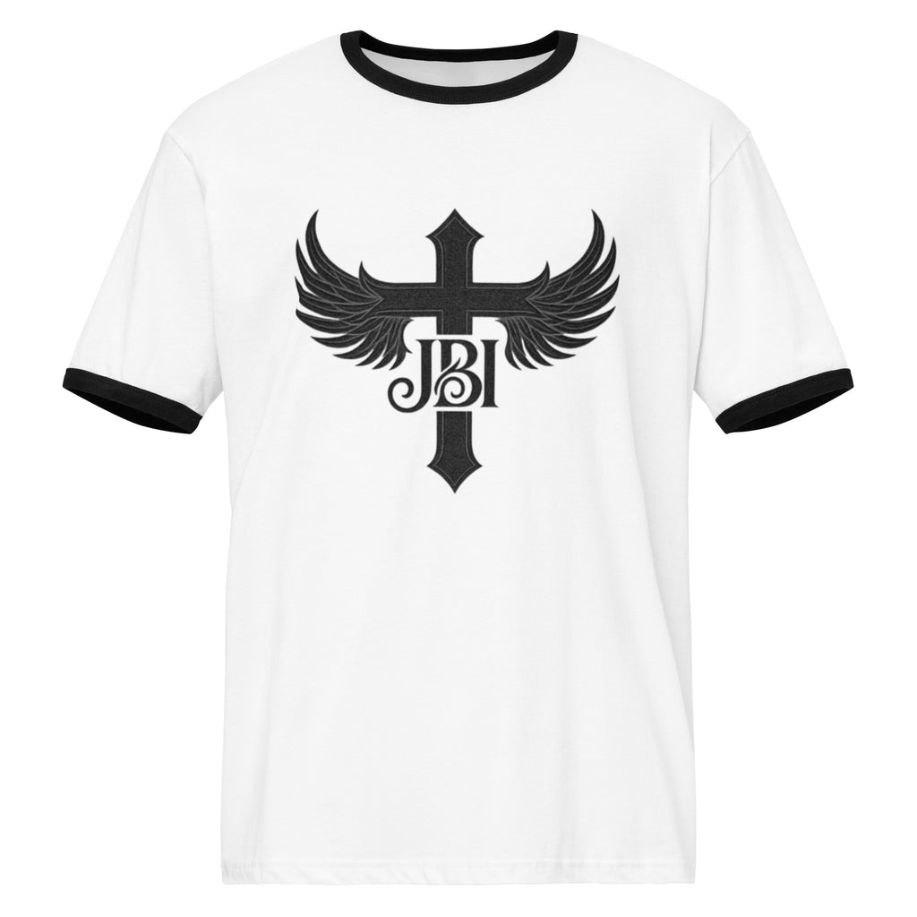 White with Black trim JBI Wings Emblem Tee, bold cross-and-wings emblem on chest.”