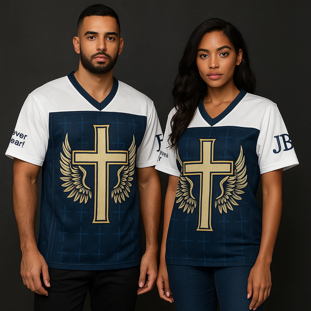 Male and female models wearing the Wings of Faith Cross Jersey with gold cross-and-wings emblem.