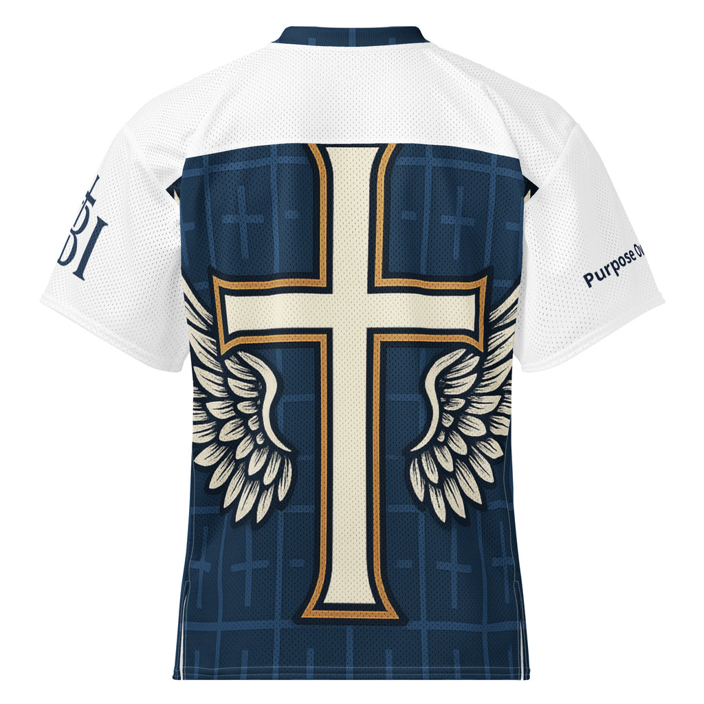 Navy and white Christian jersey with bold gold cross design and inspirational sleeve text.